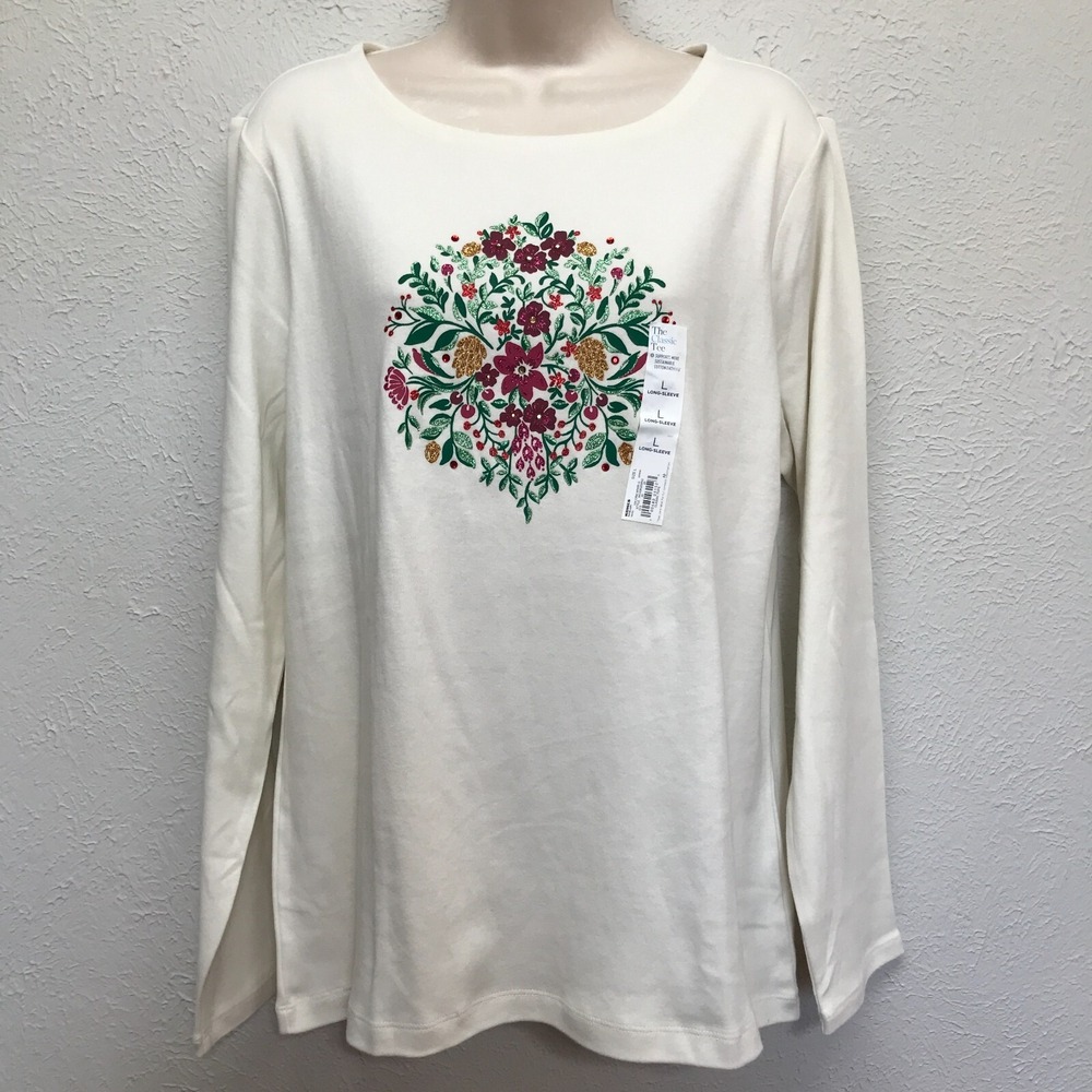 Croft & Barrow Holiday Shirt Womens L Cream Floral Classic Long Sleeve Glitter